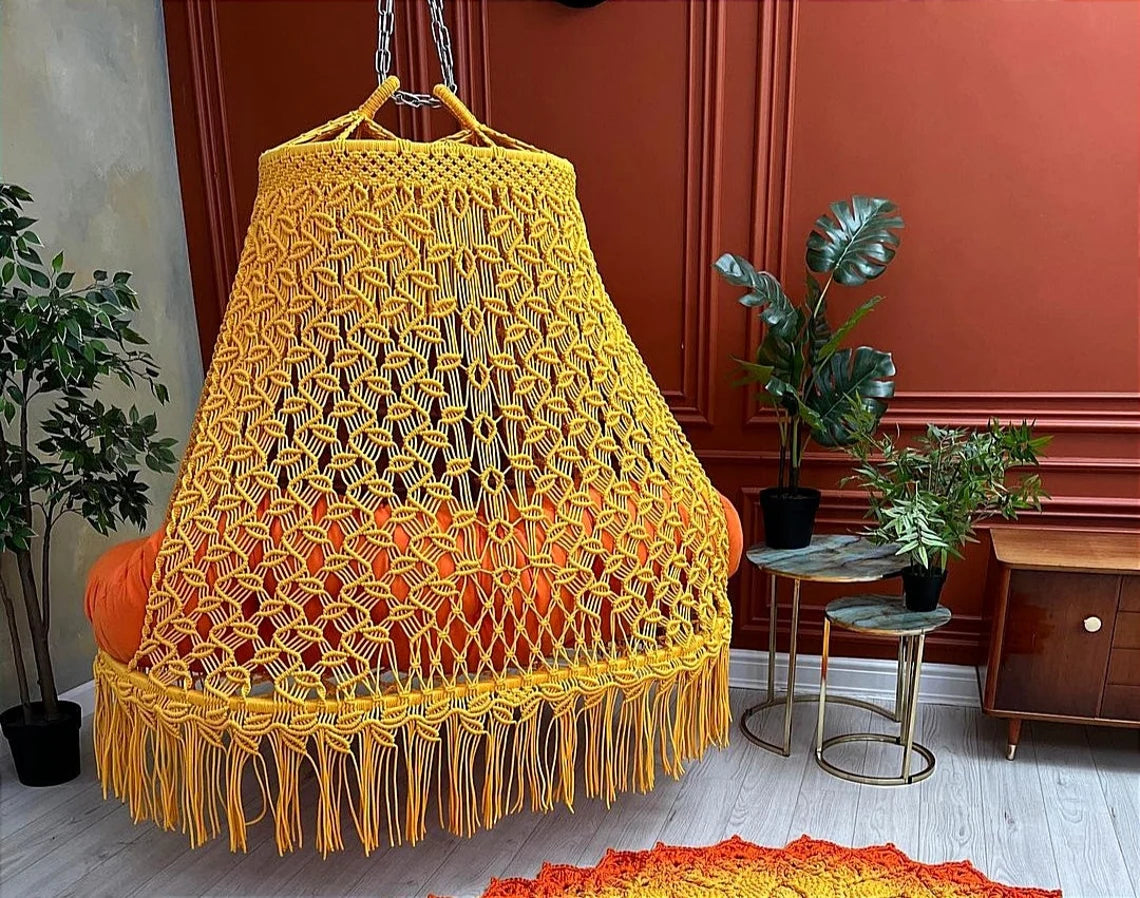 Yellow Macrame Sofa Swing With Mattress And Cushions - Leechoo